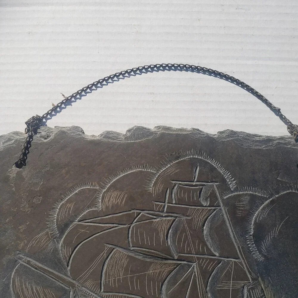Vintage Slate Etching Ship Sail Boat Sailing‎ Vessel Barque Schooner Nautical